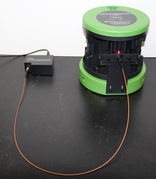 A close up of the Spectrometer and Carousel with the lamp on and fiber optic cable plugged in properly. The Computer's screen is not visible in this image.