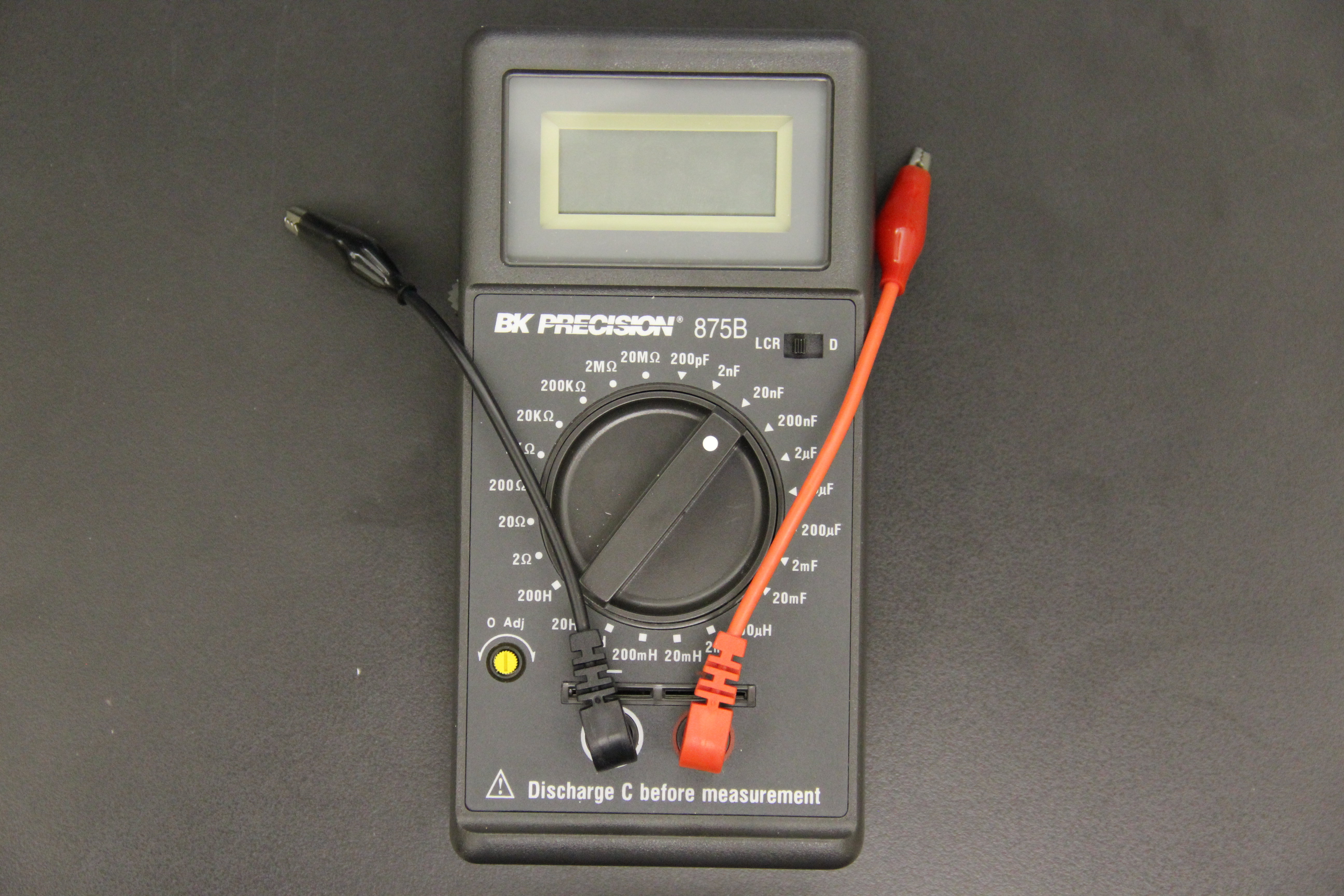 The LCR Meter with leads plugged in